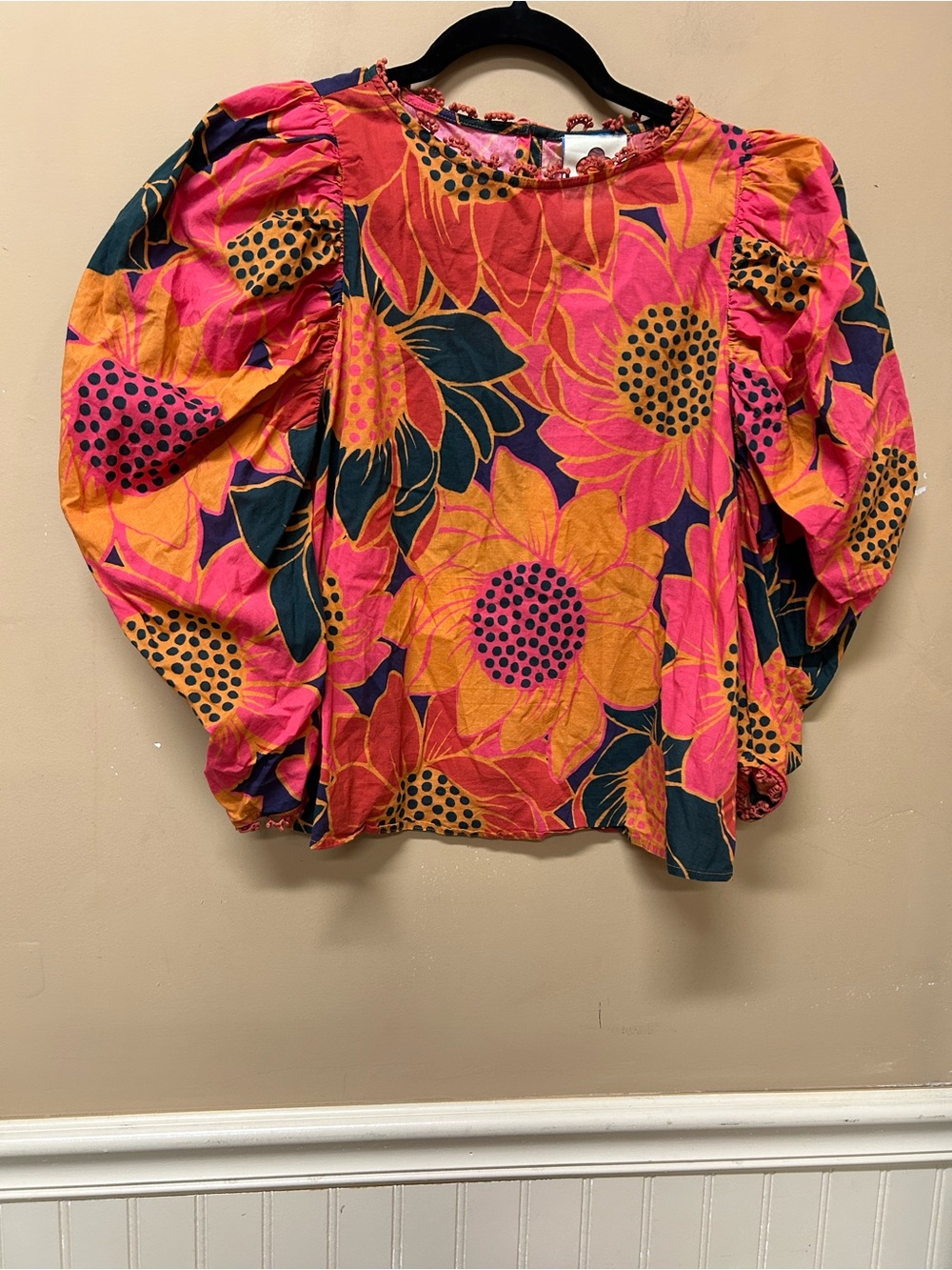 Farm Rio Anthropologie Sunflower Puffy Sleeve Blouse Size Medium Pink Orange